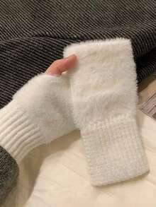 两双女士羊绒般柔软保暖半指手套，奢华纯色毛绒针织露指手套，保暖羊毛半指手套，女士冬季毛绒针织暖手手套，露腕设计，多功能触屏，办公、学生书写皆宜，圣诞礼物 - 彩色 - 查看 7