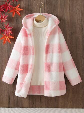 青少年女孩秋冬夹克，2025 新款时尚粉色和白色格子双面连帽长袖宽松中长款仿皮草外套