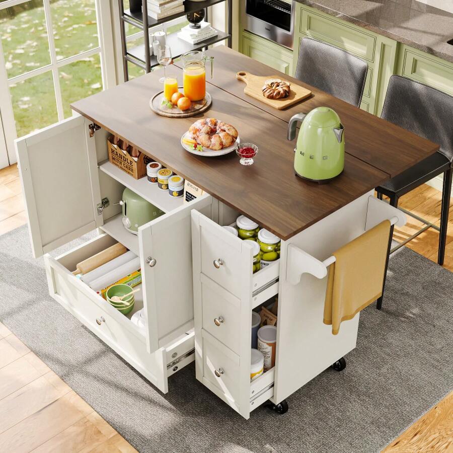 Kitchen Trolley, Removable Dining Trolley With Worktop, Towel Rail And Spice Rack, Adjustable Dividers, Kitchen Buffet, Tabletop With Wood Grain, White - 1 - View 1