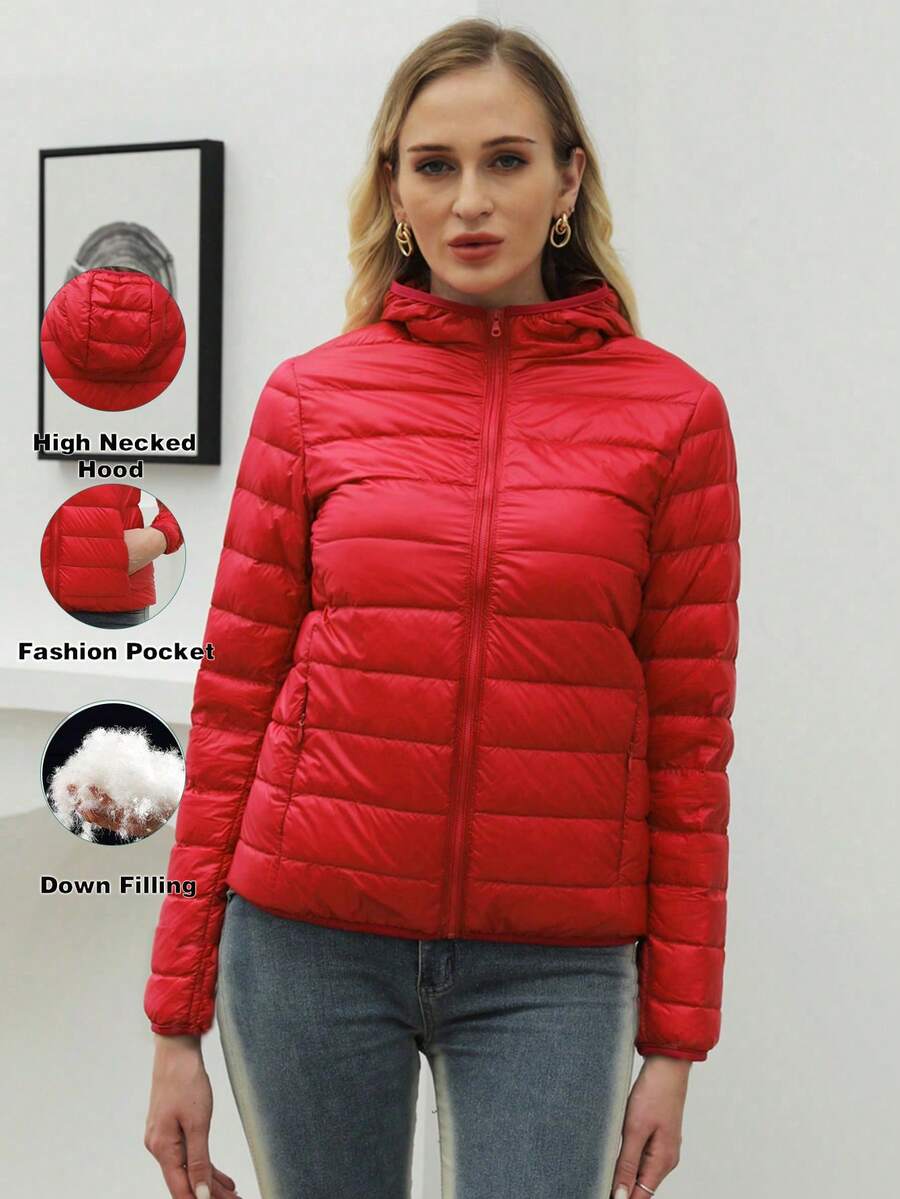 ZIAI Women Long Sleeve Hooded Down Coat Regular Length Warm Filled Jacket With Pockets And Zipper