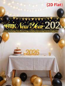 1件2026新年快乐背景横幅，黑金悬挂式旗帜背景，带气球设计，新年除夕庆祝用品，新年派对装饰，背景装饰，新年拍照道具，新年快乐装饰，节日派对用品，花园装饰 - 彩色 - 查看 4