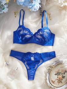 Elegant Blue Embroidered Sexy Lingerie Set - Royal Blue - View 2
