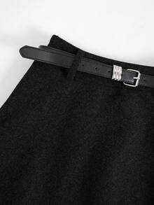 Gonna ampia stile francese casual da donna con cintura, tessuto non elasticizzato, comoda e alla moda per uso quotidiano, autunno/inverno, effetto snellente in vita, vestibilità morbida, silhouette a-line, design elegante e minimalista - Nero puro - Visualizzare 4