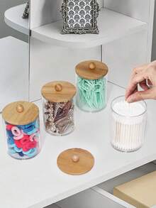 Pojemnik na patyczki kosmetyczne, słoik apteczny, uchwyt na kulki akrylowe, przezroczysty pojemnik łazienkowy z bambusową pokrywką, odpowiedni do wacików, 3 opakowania