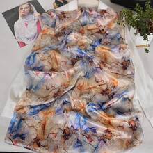 100% Mulberry Silk Scarf For Women Lightweight Long Scarves Beach Wraps Cover Up -Travel Photography Scarfhalloween - 藍色卡其色 - 查看 10