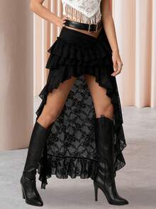 Women's Boho Lace Long Skirts Layered Ruffle Chiffon High Low Asymmetrical Flowy Skirts Y2k Sheer Mesh Maxi Skirts - 黑色 - 查看 1