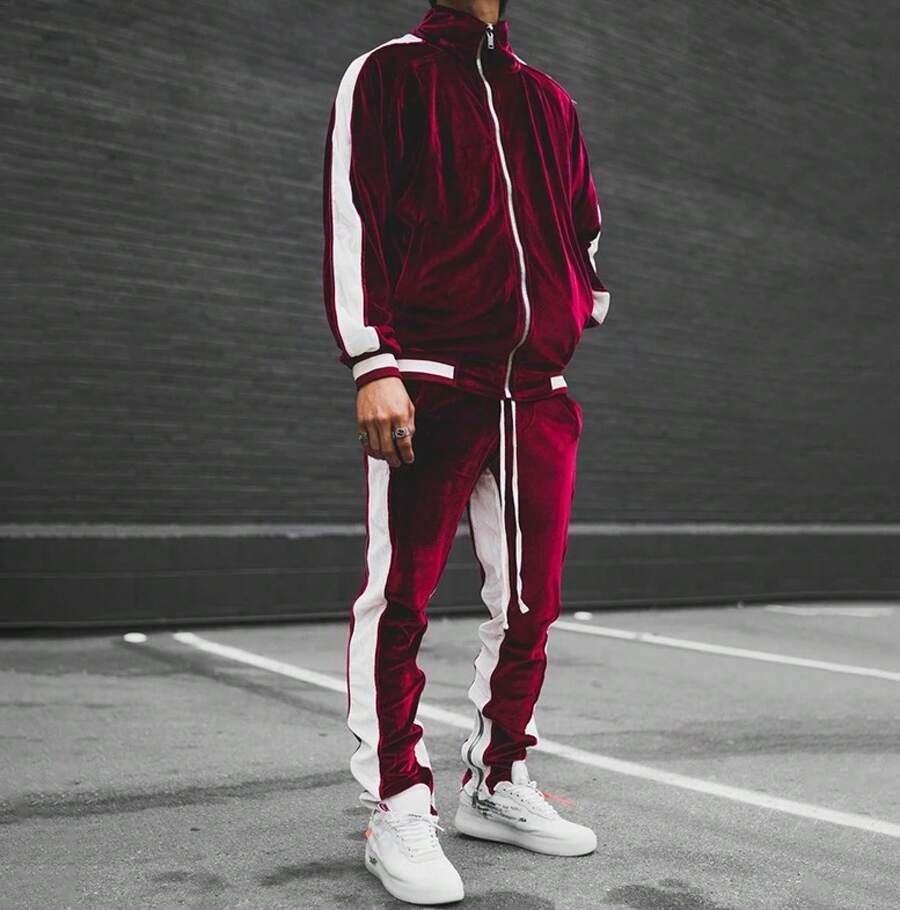 2025 New Men's Velvet Tracksuit Set, Retro Sport Style Zipper Jacket & Joggers, Y2K Streetwear Oversized Comfort Fit, Couple Matching Casual Outfit, Winter Warm Fleece Lined Athflow Velour Lounge Set - 紅色 - 查看 1