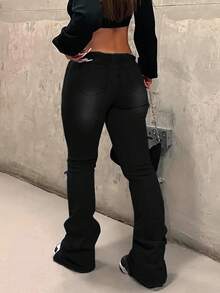 NVFelix Quần ống loe cạp thấp dáng ôm dành cho nữ, chất liệu co giãn, chi tiết rách cá tính, phong cách retro thường ngày, thích hợp cho mùa xuân và mùa hè, màu đen. - màu đen - Xem 8