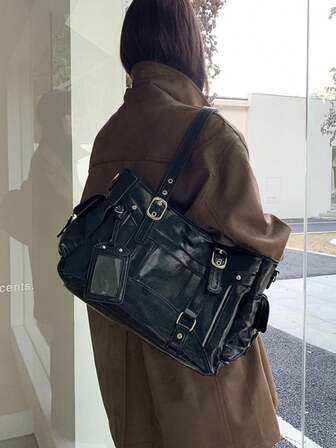 Korean Style Autumn/Winter New Casual Chic Sweet & Cool Girl Motorcycle Bag, Multi-Compartment Tote Bag, Multi-Pocket Tote Bag, Suitable For Commuting, Shopping, School, Large Capacity Tote Bag, Shoulder Bag