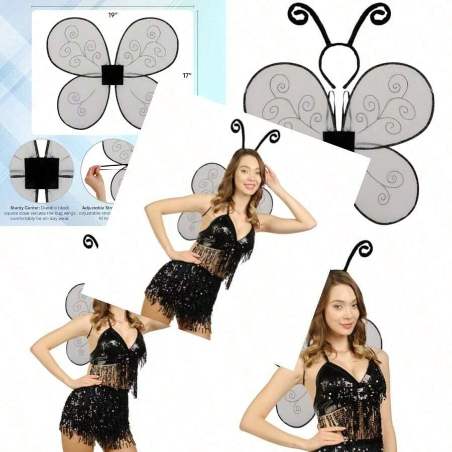 Funcredible Black Bug Wings And Headband Bug Costume For Women And Black Butterfly Wings Moth Costume Accessories Insect Accessories For Girls