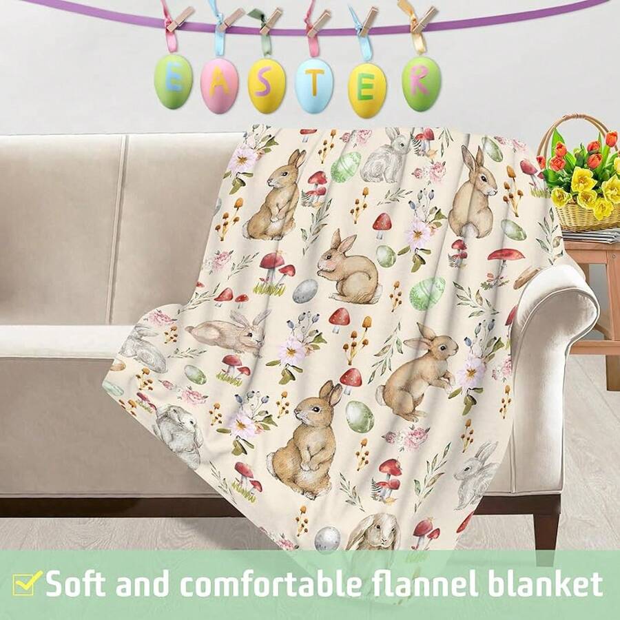 Luxury Plush Easter Blanket Cute Bunny Easter Egg Flower Leaves Throw Blanket For Couch,Lightweight Soft And Warm Throws Blankets For Sofa Bed Living Room In Spring 50"X40", Cozy Soft Flannel Blanket & Suitable For Birthday Anniversaries, Valentine's Day, Thanksgiving, Christmas, Halloween, Wedding, New Year Gifts Provide Personalized Ideal Gifts For Her, Him, Family Members, Boyfriends, Girlfriends, Fathers, Family Members, Mothers, Lovers, Daughters, Sons, Grandfathers, Grandmothers, Friends, Classmates And Pets. Sofa, Bed, Car, Bedroom, Living Room, Office, Outdoor Camping, Beach, Wall Decoration, Bedroom Decor,  Halloween Blanket, Fall Decor, Fall Decorations For Home, Christmas Party Theme Blanket, Christmas Decor, Office Decoration - 彩色 - 查看 1
