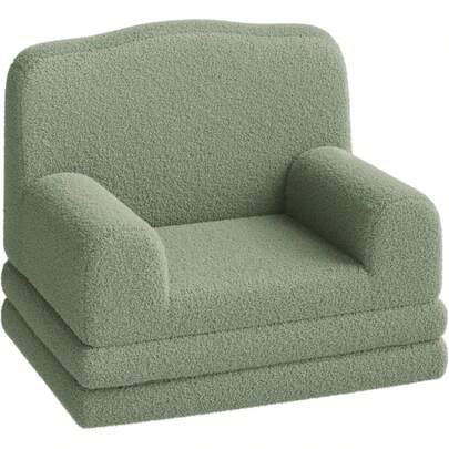 Sofá Infantil 2 en 1 Verde Corona, Sillón Convertible a Lounge para Niños y Niñas, Puff de Espuma con Forro Sherpa Suave, Regalo Perfecto para Pequeños – Kids Room