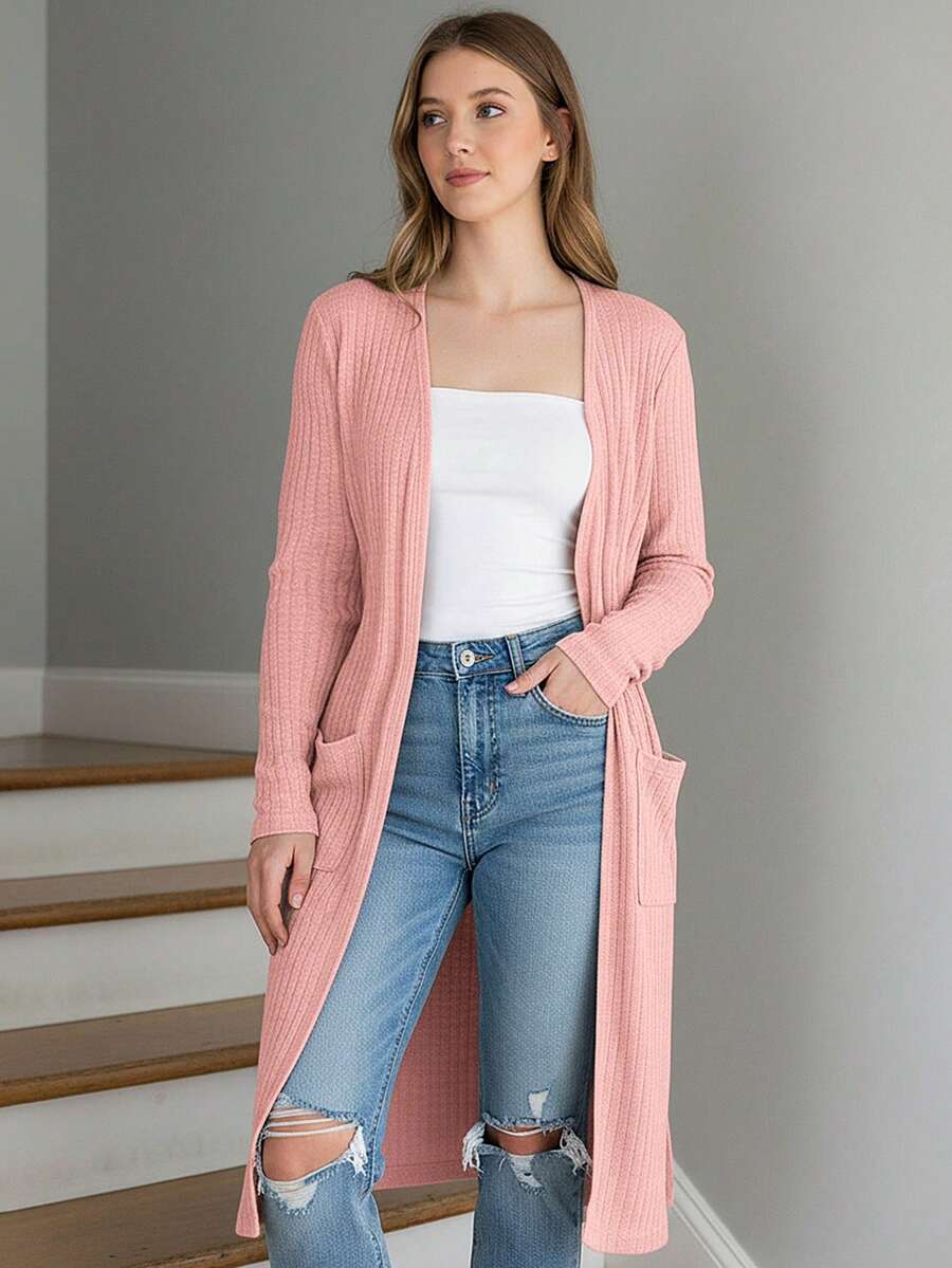 Cardigan largo Tejido de punto mujer - Rosa - Ver 1