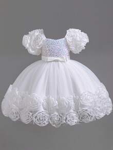 Girls' Floral Party Dress | 3D Embroidered Flowers On Sleeves & Hem With Sparkle Bodice | Special Occasion Gown For Birthday & School Events (2-7 Years) - 白色 - 查看 1