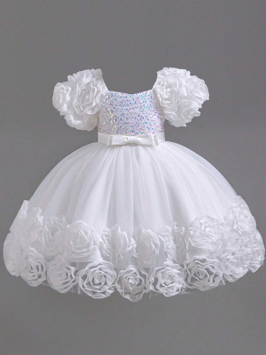 Girls' Floral Party Dress | 3D Embroidered Flowers On Sleeves & Hem With Sparkle Bodice | Special Occasion Gown For Birthday & School Events (2-7 Years) - 白色 - 查看 1