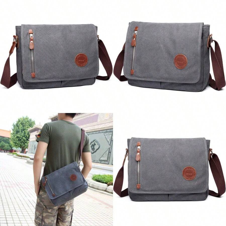 13 Inch Vintage Men's Canvas Messenger Bag Laptop Shoulder Satchel Crossbody Sling Bookbag School Bag Briefcase Laptop Bag Grey - Grey - View 1