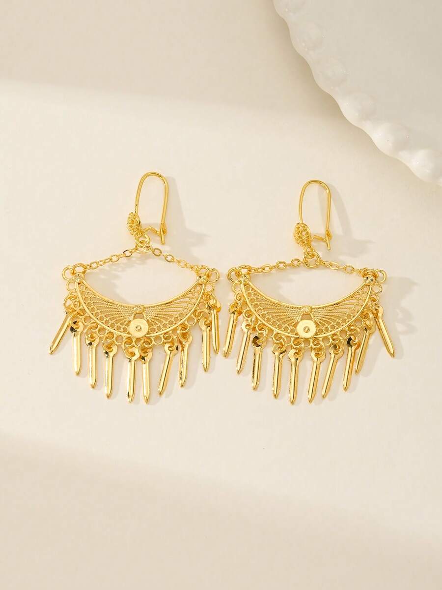 2pcs Fashionable Versatile Bohemian Multi-Layer Tassel Dangle Gold-Color Earrings, Stylish Palace Style, Gold Substitute, 24K Gold-Color, Gift For Best Friend, Girlfriend, Wife, Holiday, Birthday, Suitable For Women And Girls Everyday And Festival Wear