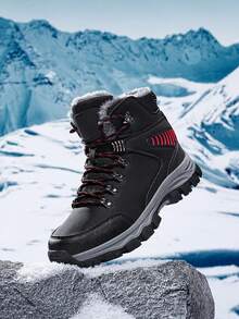 Milikuyou[End Of Season ]Winter Bestseller Men's Fleece Snow Boots, Thick Warm Outdoor Anti-Slip Boots, Men's Black Leather Upper Outdoor Snow Boots, Metal Buckle Design, High-Top Suede Leather Waterproof Anti-Slip Hiking Boots, Contrast Color Laces, Cargo Style Style, Suitable For Warmth And Outdoor Functionality Needs, Size 39-48 (Asymmetrical Pattern) - Black - View 7