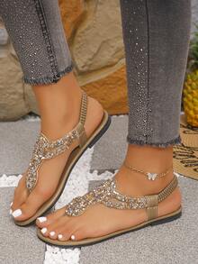 Women's Fashion New Shiny Rhinestone Decor Round Toe Back Elastic Band Flat Sandals Slip-On Khaki Color Sandals Sexy Toe-Split Sandals, Flip Flops - Khaki-champagne Diamond - View 5