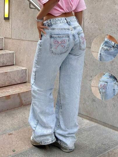 Teen Girls' Classic Casual Washed Butterfly Embroidery Denim Jeans