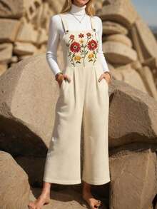 Embroidery Sleeveless Overall With Pockets, Fall/WinterOutfits For Women, Vacation/Casual