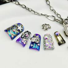 10pcs Pure Hand-Wom Nail,Cyberpunk Y2K Glam Stiletto Press - On Nails | Blue - Purple Ombre With Metallic Silver, 3D Metal Star & Heart Charms, Aurora Rhinestones & Iridescent Gems | Shimmer Finish Fake Nails - Perfect For Halloween Festivals, Clubbing & Edgy Street Style - 藏蓝色 - 查看 6
