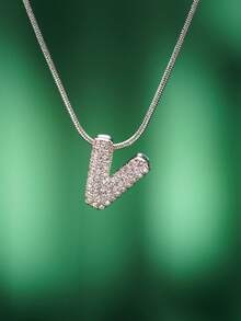 1pc Fashionable Bohemian Style Stainless Steel Necklace With 26 Cubic Zirconia Letter A-Z Pendants, Stainless Steel Snake Chain Jewelry, Suitable For Men And Women Everyday Wear - Silver - View 10