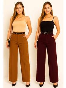 Kit Of 2 Women's Tailored Wide Leg Pants With Belt - Wine / Caramel - View 2