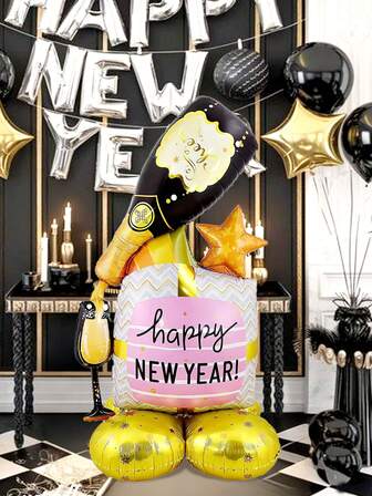 1pc 3D Base Champagne Black Foil Balloon, Suitable For 2026 New Year Party Theme Decoration, New Year Family Gathering Atmosphere Photography Props, Happy New Year 2026, Theme Party Decor