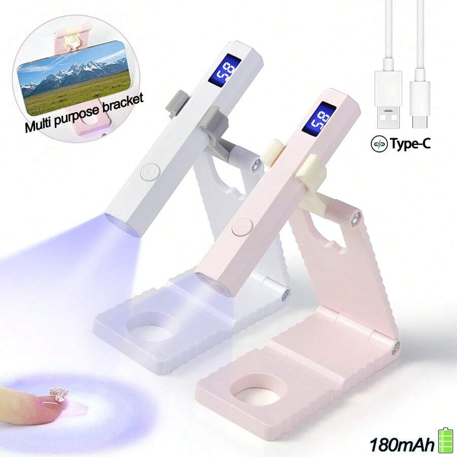 Lâmpada de secagem de unhas portátil, UV/LED, que cura todos os tipos de esmalte em gel. Recarregável com cabo Tipo C, conjunto 3 em 1 com suporte, lâmpada e cabo. Compacta e elegante, ótima opção para presente, acessível e com excelente custo-benefício.