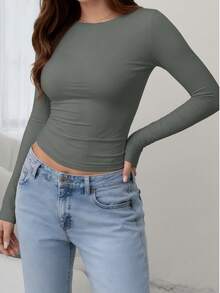 Women's Casual Slim Fit Round Neck Long Sleeve T-Shirt - Grey - View 3