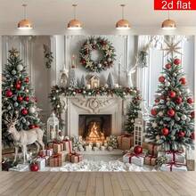 2D Flat Banner, 1pc Christmas Theme Photography Backdrop, Christmas Tree Elk Pattern Party Banner, Polyester, Bright And Durable, Suitable For Winter New Year Holiday Wall Decoration, Living Room, Outdoor Decoration, 2D Flat - Nhiều màu - Xem 1