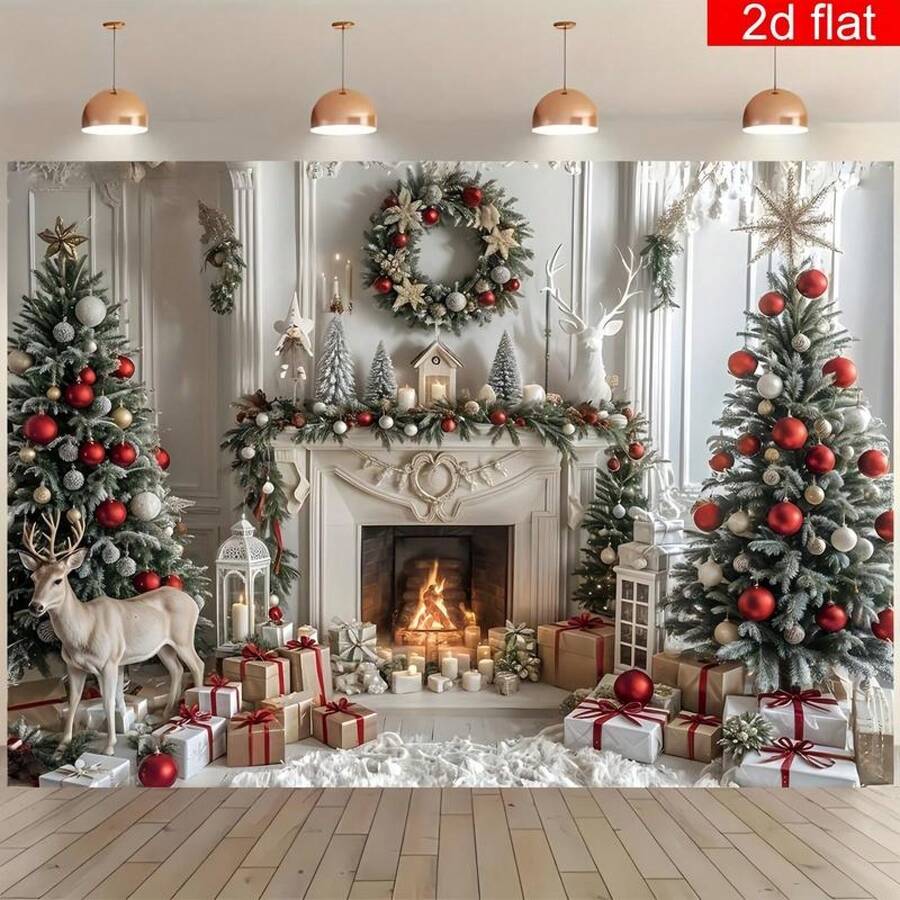 2D Flat Banner, 1pc Christmas Theme Photography Backdrop, Christmas Tree Elk Pattern Party Banner, Polyester, Bright And Durable, Suitable For Winter New Year Holiday Wall Decoration, Living Room, Outdoor Decoration, 2D Flat - Nhiều màu - Xem 1