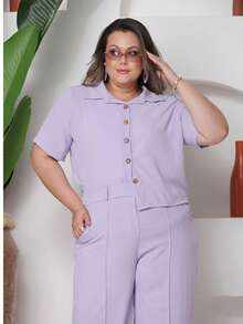 conjunto bia camisa e calça pantalona tem elástico nas costas Simples Botões na frente Botão Bolso tecido duna Férias - Roxo - Visão 3
