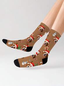 1 Pair Customized Face Socks, Customized Photo Socks, Customized Printed Mid-Calf Socks, Can Print Any Face On Socks, Suitable As Anniversary Gift, Halloween, Christmas Creative Gift, Bride Gift, Gift For Boyfriend, High-Quality Couple Christmas Hat Printed Socks, Men's Calf Socks, New Thick Women's Long Socks For Autumn/Winter. Suitable For Daily Wear, Office, Outdoor Sports. - Multicolor - View 3