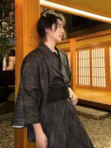 男性の日本の浴衣-伝統的な和服のガウン、ベルト付き、しわ防止、アイロンフリー、ゆったりとしたフィット、正式/非公式の場、文化儀式、写真撮影に適している-身長168-180センチ（5'6'-5'10'）-本格的な日本の服装、写真撮影服装、優雅なデザイン、耐久性のある構造、ベルトを含む、祝日の参加者に適している、サイズガイドをよく見てください - ブラック - チェックする 9