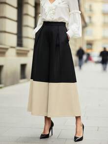 Women's Regular Waist Pocket Contrast Color Pants, Polyester Fabric, Machine Washable - Black - View 5