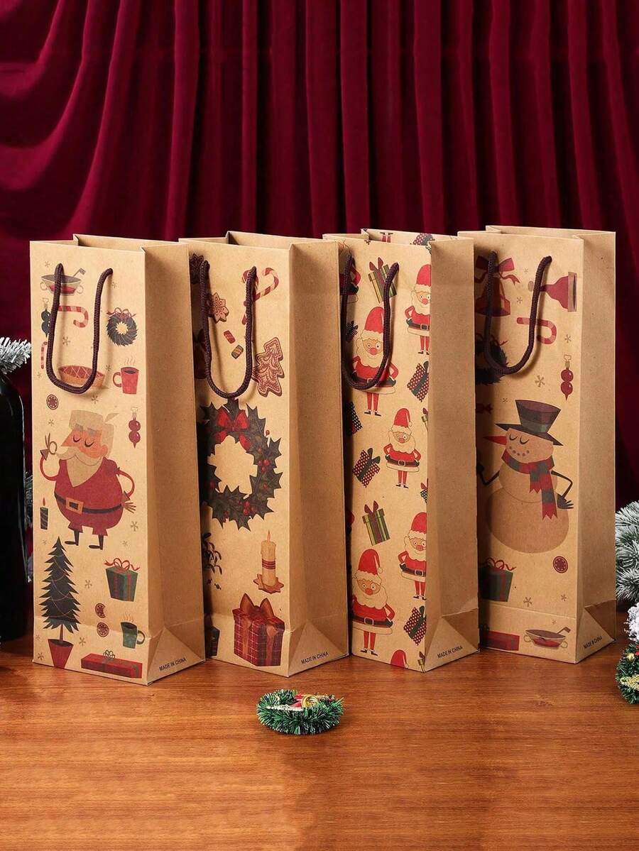4pcs Christmas Gift Bag,Cartoon Santa Claus Kraft Paper Bag Red Wine Bag, Christmas Wine Bottle Handbag, Thick Kraft Paper Wine Bottle Bag,Christmas Kraft Paper Gift Bag With Handle, Wine Bottle Bag Restaurant Hotel Table Decoration Christmas Decoration Supplies