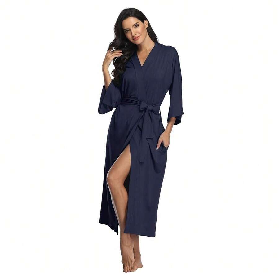 Women's Long Robes Ladies Kimono Bathrobes Full Length Robes Soft Modal Sleepwear Nightgown{"Size_name":"Large","Color_name":"NavyBlue"} - 海軍藍 - 查看 1