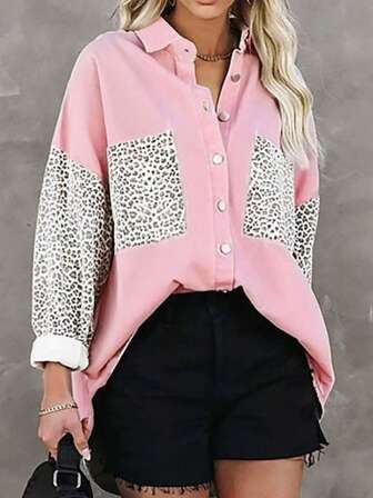 Chic Plus Size Woven Fabric Shirt Collar Blouse With Leopard Pattern Regular Long Sleeves And High Low Hem Button Details