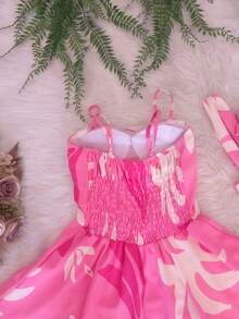 2025 Thin Strap Romper Shorts - Tropical Print + Padded Bra | Elastic Back | One Size (36 To 42) - Party Beachwear - 粉色 - 查看 4