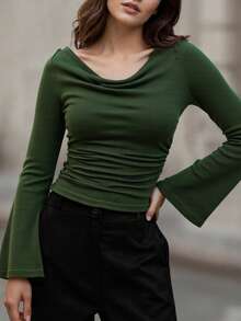 DONICY Women's Solid Color Draped Oversized Round Neck Flared Sleeve T-Shirt, Elegant Basic Top With Pleated Craftsmanship, Soft & Comfortable Fabric, Slimming & Atmospheric, French Retro Style, Suitable For Casual Gatherings, Dates, Business Events, Parties, Concerts, Holidays Like Christmas