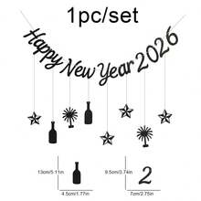 2026 SZCZĘŚLIWEGO NOWEGO ROKU, dekoracyjny baner na imprezę, czarno-złote litery, cyfry, butelka wina, fajerwerki, zegar, chorągiewka, zestaw ścienny - Wielokolorowe - Zobacz 7
