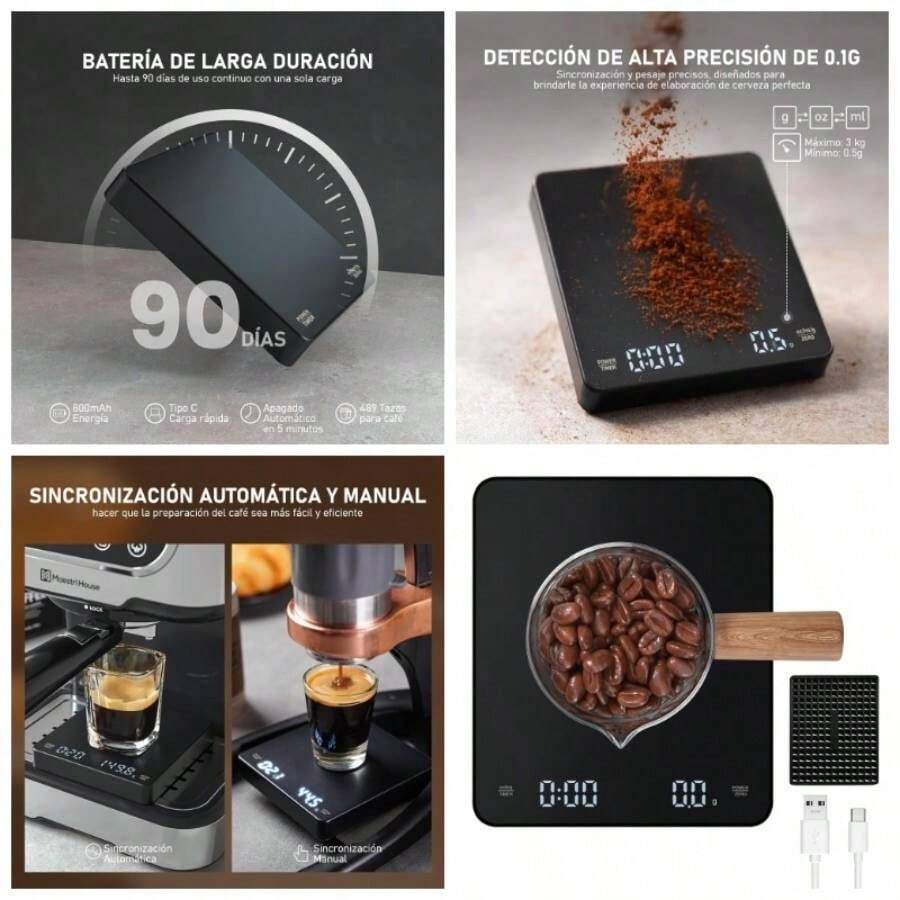 Bscula de Caf con temporizador, Bscula Digital Precisa para cocina y alimentos, puede pesar 0.1g - 3 Kg Unidades g, oz, ml, Adecuada para verter caf, espresso, goteo de caf, hornear, cocinar - inicial - Ver 1