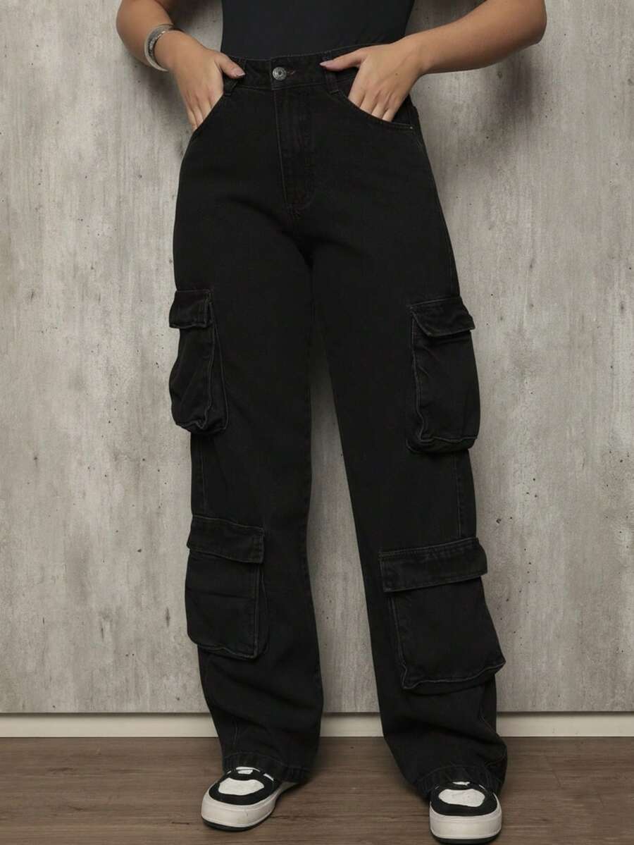Women's Black Wide Leg Cargo Jeans With Side Pockets - Simple Style And Comfort Elegant Party Jeans Zipper Pocket Cargo Stage And Concert - 黑色 - 查看 1