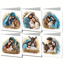 6件套DIY钻石画套装，蘑菇书、三口之家、花发女郎、孔雀动物主题贺卡，祝福与愿望，独特不对称形状钻石，纸质材料，手工工具及用品，适合长辈，节日派对DIY手工礼物 - 彩色 - 查看 16