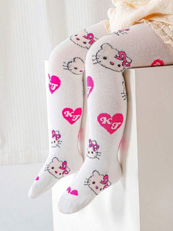 1 Pair Of Spring And Autumn White Thin Children's Socks, Leggings, Girls' Pantyhose, Outer Wear, Anti-Snagging, Cute Cartoon Hello Kitty, Heart-Shaped Letters, Valentine's Day, Daily Party Wear