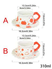 1 conjunto criativo minimalista pintado à mão com design assimétrico de abóbora, xícara de café de cerâmica e pires, ideal para presente de Halloween