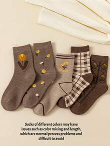 1/3/5双女士中长袜，适合秋冬季节，厚款毛圈保暖袜，花朵图案女士袜子 - 彩色 - 查看 10