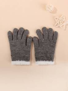 1 双儿童针织手套，带毛皮饰边，保暖针织内衬手套，适合男孩和女孩，秋冬季，适合学生户外使用